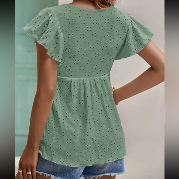 Elegant Peplum Tie Flutter Sleeve Eyelet Embroidered Top Blouse Shirt - Picture 13 of 13